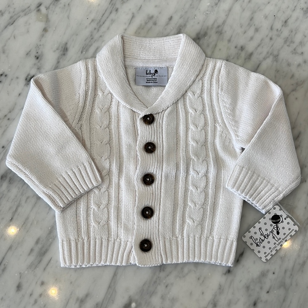 New Baby CZ Button Front Cable Knit Cardigan White